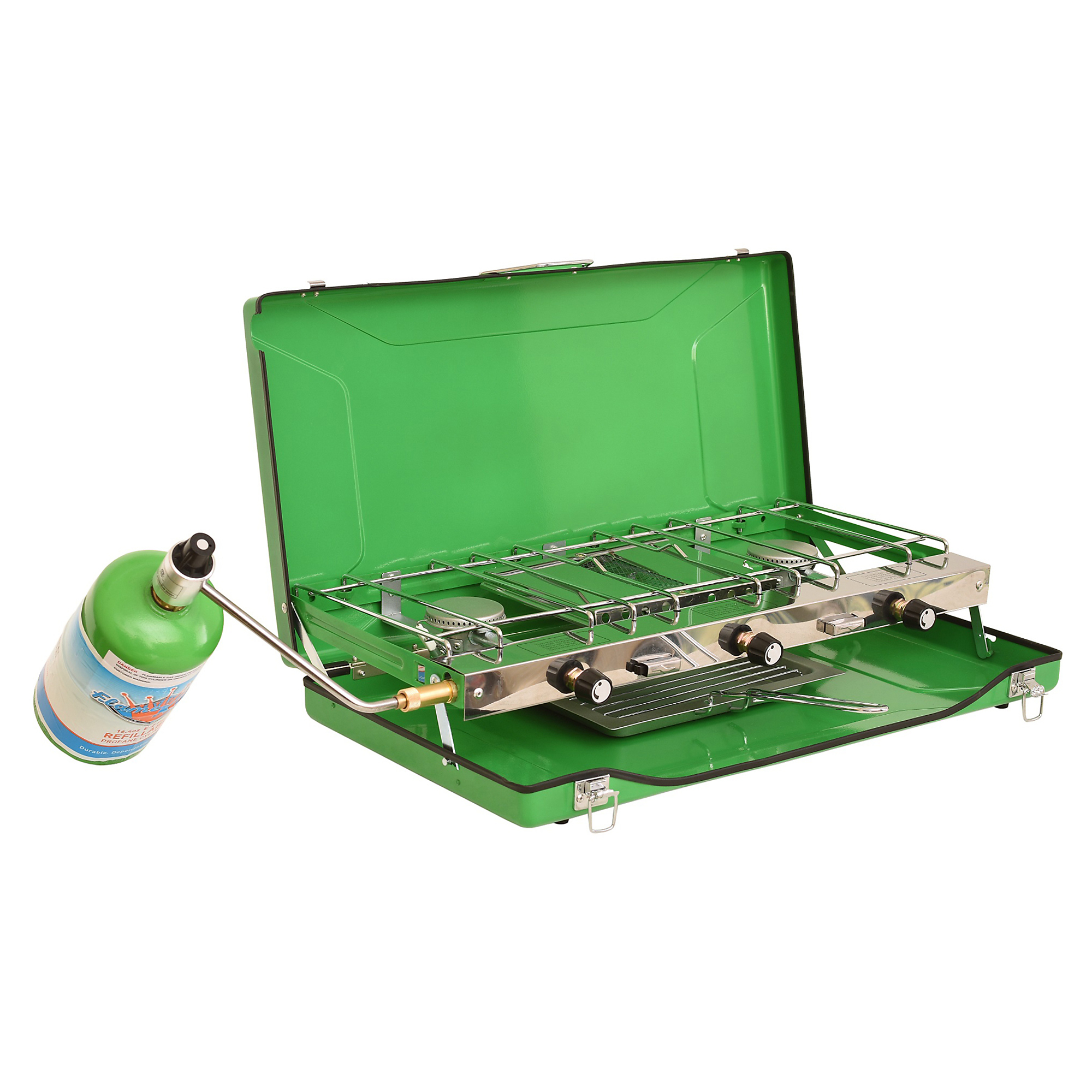 Flame King, 3 Burner Propane Gas Camping Stove w/Toast Tray, Fuel Type Propane, Model# YSNBBQ-136